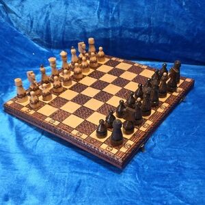 1979 Poland Vintage Wooden Chess Set with Hand Carved Brown and Cream Pieces